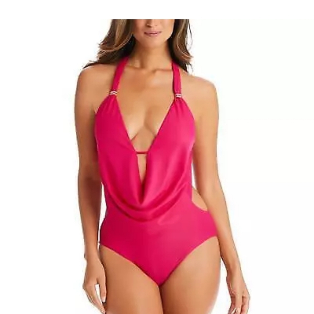 Bar III Women's Ruby Solid Cowlneck Halter One-Piece Swimsuit Size M NWT